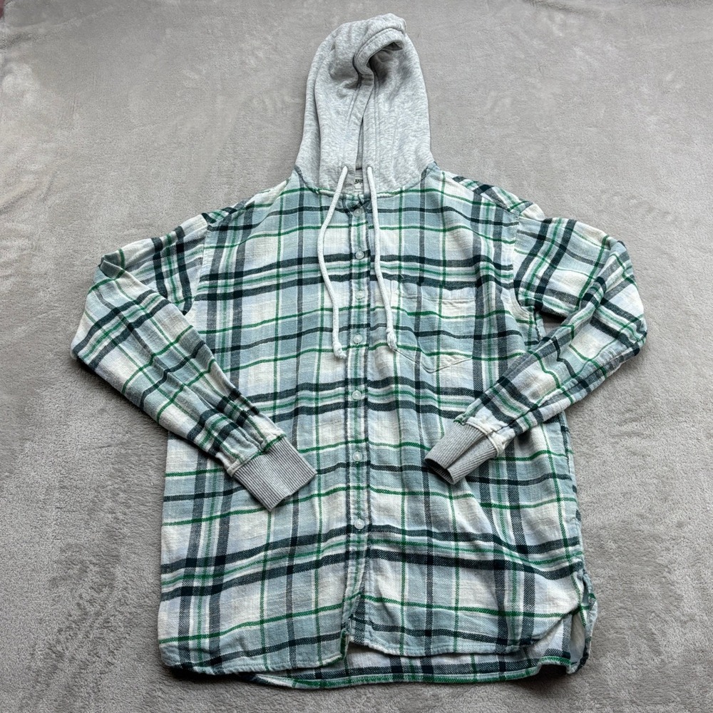 American Eagle Flannel Hoodie Women XS Green Plaid Grunge Skater Cabin Gorpcore